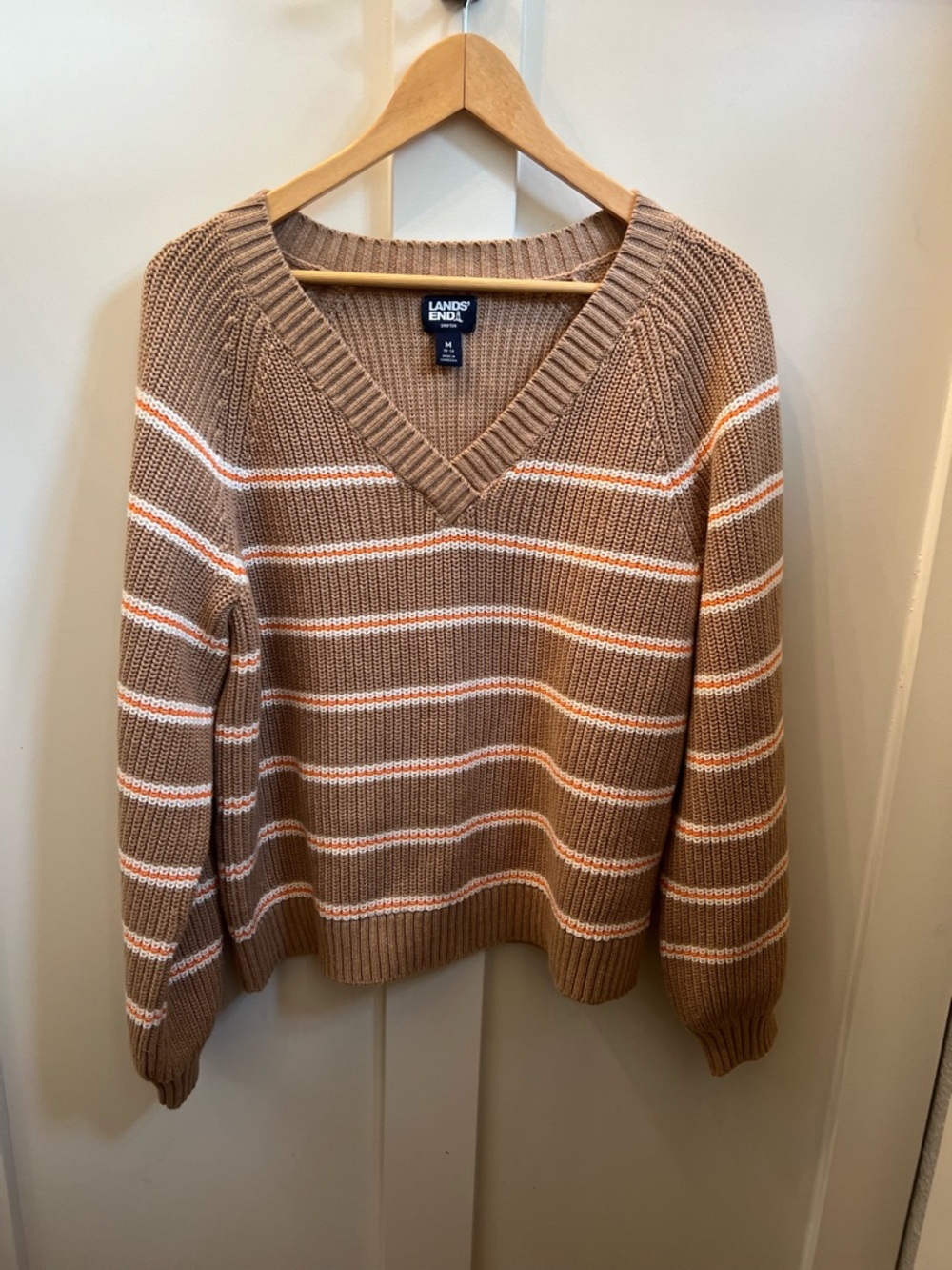 EUC Land’s End 100% Cotton Pecan Stripe Drifter Balloon Sleeve Sweater medium